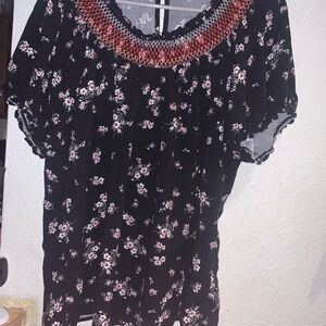 Maurices Black Floral Smocked-Neck Blouse